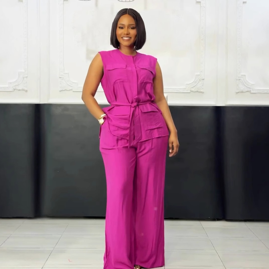 Career Casual Round Neck Lace-Up Sleeveless Vest & Wide-Leg Pants Set