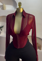 Summer Chic Turn-Down Collar Slim Waist Mesh Patchwork Long-Sleeve Shirt Summer Chic Turn-Down Collar Slim Waist Mesh Patchwork Long-Sleeve Shirt