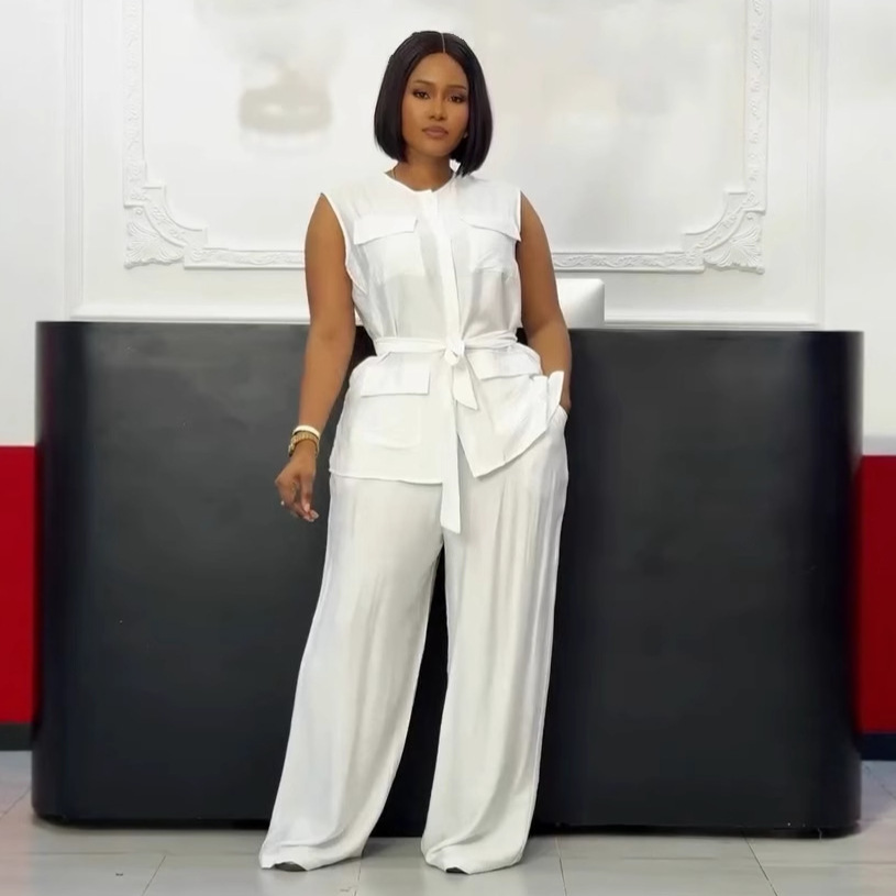 Career Casual Round Neck Lace-Up Sleeveless Vest & Wide-Leg Pants Set