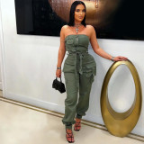 Casual Career Solid Color Multi-Pocket Strapless Cargo Jumpsuit