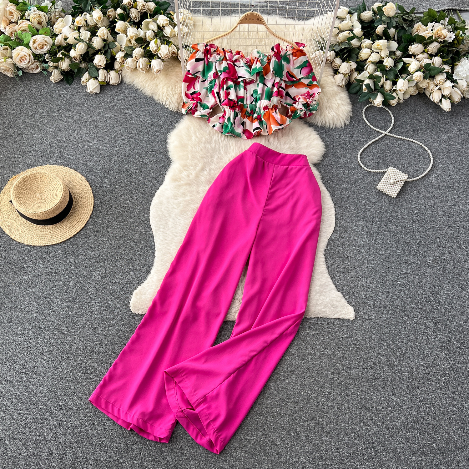 Women French Off Shoulder Ruffled Floral Blouse and Wide Leg Pants Two-Piece Set