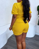 Women's Solid Color Puff Sleeve Shirt Pocket Detail Elastic Waist Shorts Career Casual Set