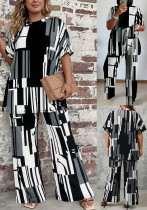 Women's Fashion Elegant Round Neck Short Sleeve Loose Casual Plus Size Two Piece Pants Set