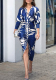 Fashion Tropical Leaf Print V-Neck Slim Waist Slit Long Sleeve Dress