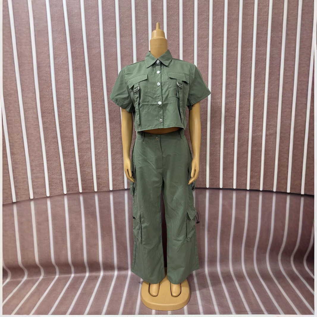 Women Ribbon Short Sleeve Top and Cargo Pants Two-Piece Set