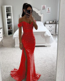 Women Sequin Off Shoulder Slit Dress