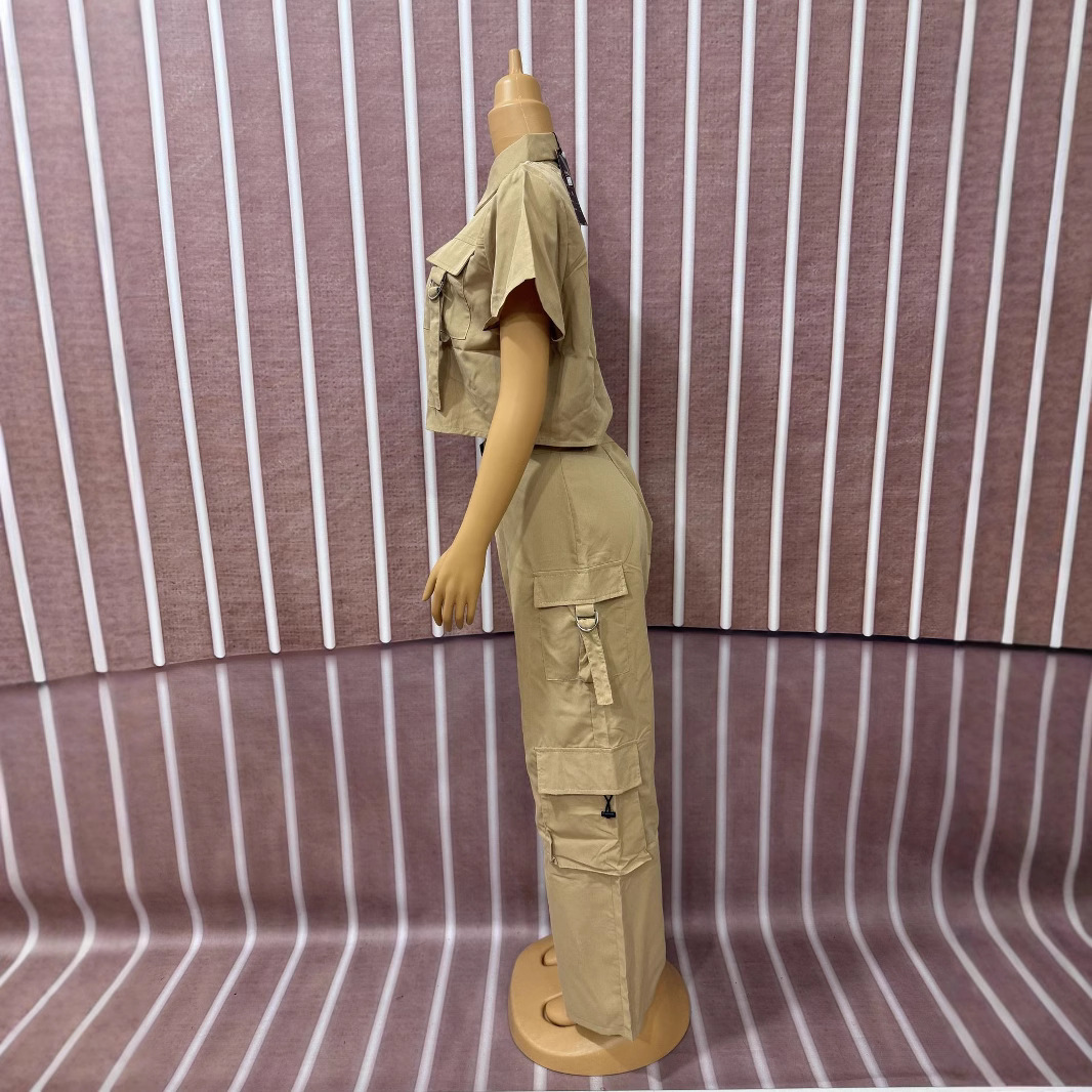 Women Ribbon Short Sleeve Top and Cargo Pants Two-Piece Set