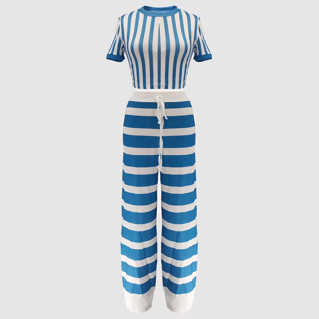 Stripe Round Neck Short Sleeve Top & Pants Set