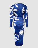 Fashion Tropical Leaf Print V-Neck Slim Waist Slit Long Sleeve Dress
