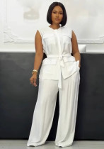 Career Casual Round Neck Lace-Up Sleeveless Vest & Wide-Leg Pants Set