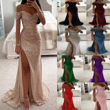 Women Sequin Off Shoulder Slit Dress
