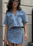Summer V-Neck Top & High-Waist Denim Skort Set