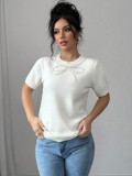 Women Solid Bow Beaded Top Short Sleeve T-shirt