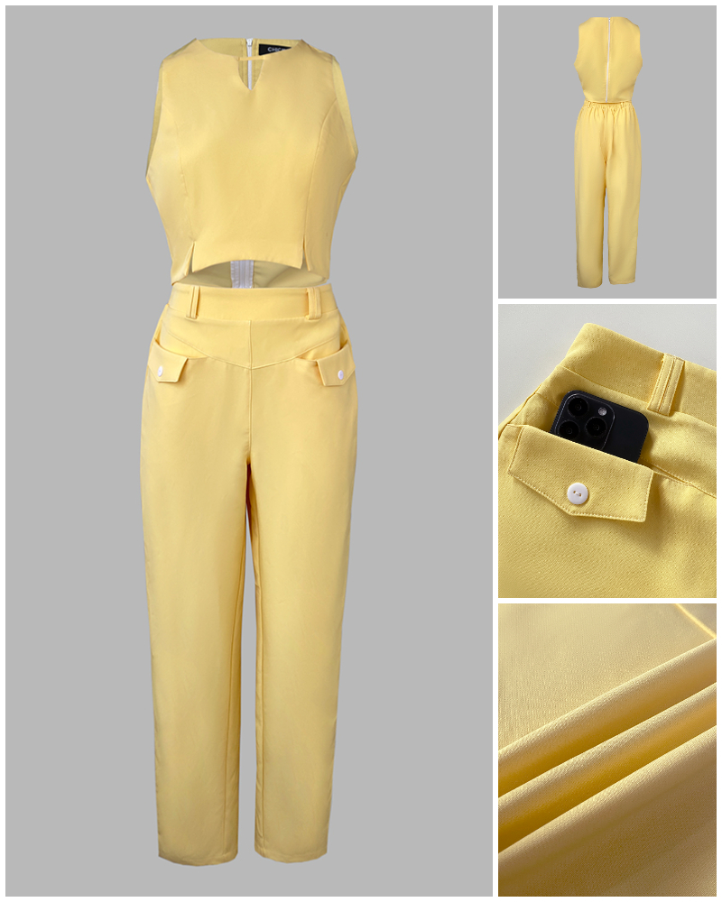 Women Sleeveless Hollow Crop Top And Straight Pants Two-Piece Set