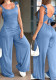 Ruffle Strap Side Pocket Back Lace-Up Wide-Leg Jumpsuit
