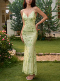 Sheer Mesh Strap Low Back Fishtail Gown