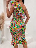 Women Sexy Slash Shoulder Printed Crop Top Bodycon Skirt Two-Piece Set