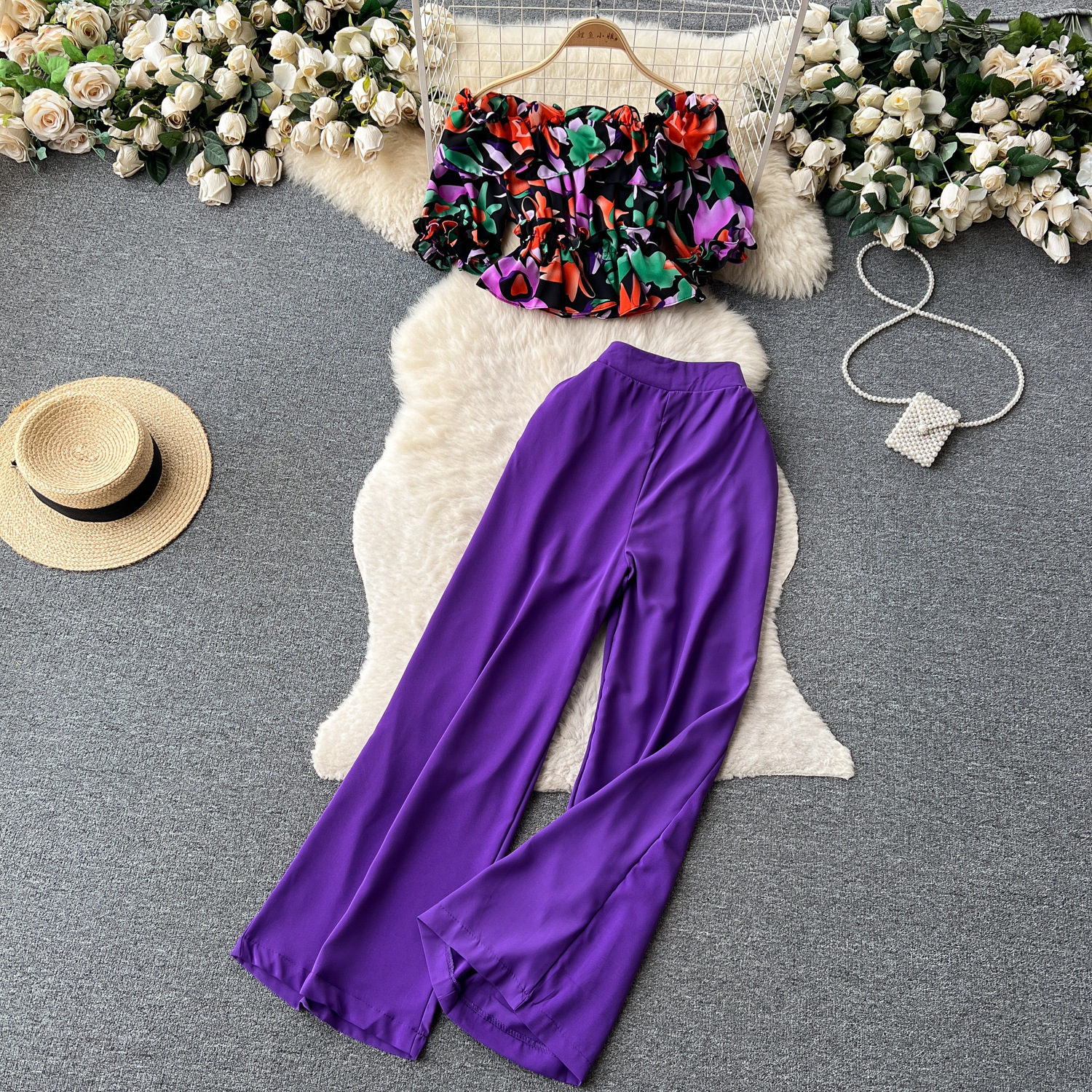 Women French Off Shoulder Ruffled Floral Blouse and Wide Leg Pants Two-Piece Set