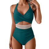 High-Waist Patchwork Lace-Up V-Cross Sexy One Piece Swimsuit