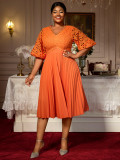 Plus Size Lace Cut-Out Puff Sleeve V-Neck Slim Fit A-Line Pleated Party Dress