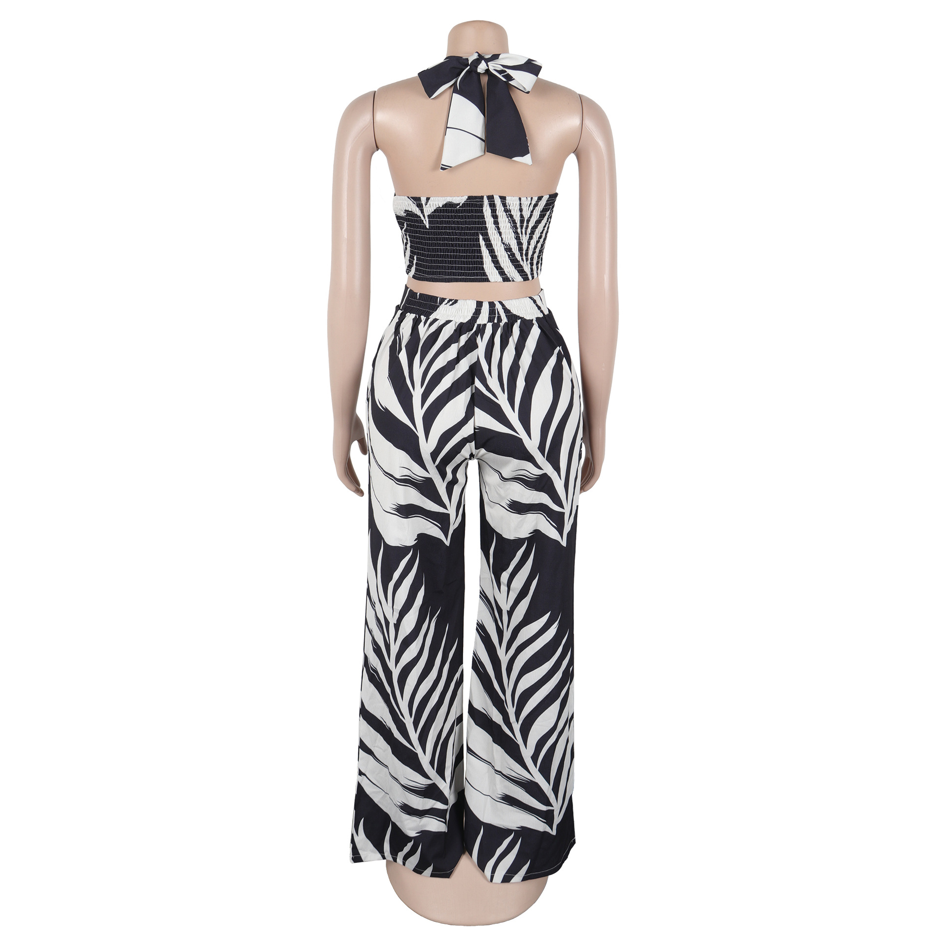 Women Printed Halter Neck Top and Wide-leg Pants Two-piece Set