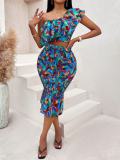 Women Sexy Slash Shoulder Printed Crop Top Bodycon Skirt Two-Piece Set