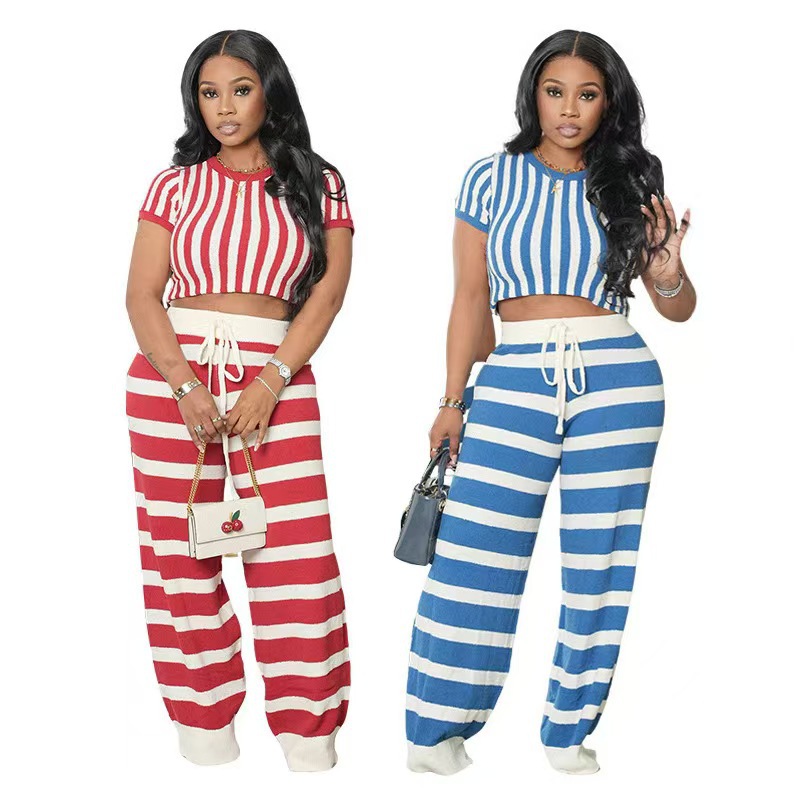 Stripe Round Neck Short Sleeve Top & Pants Set