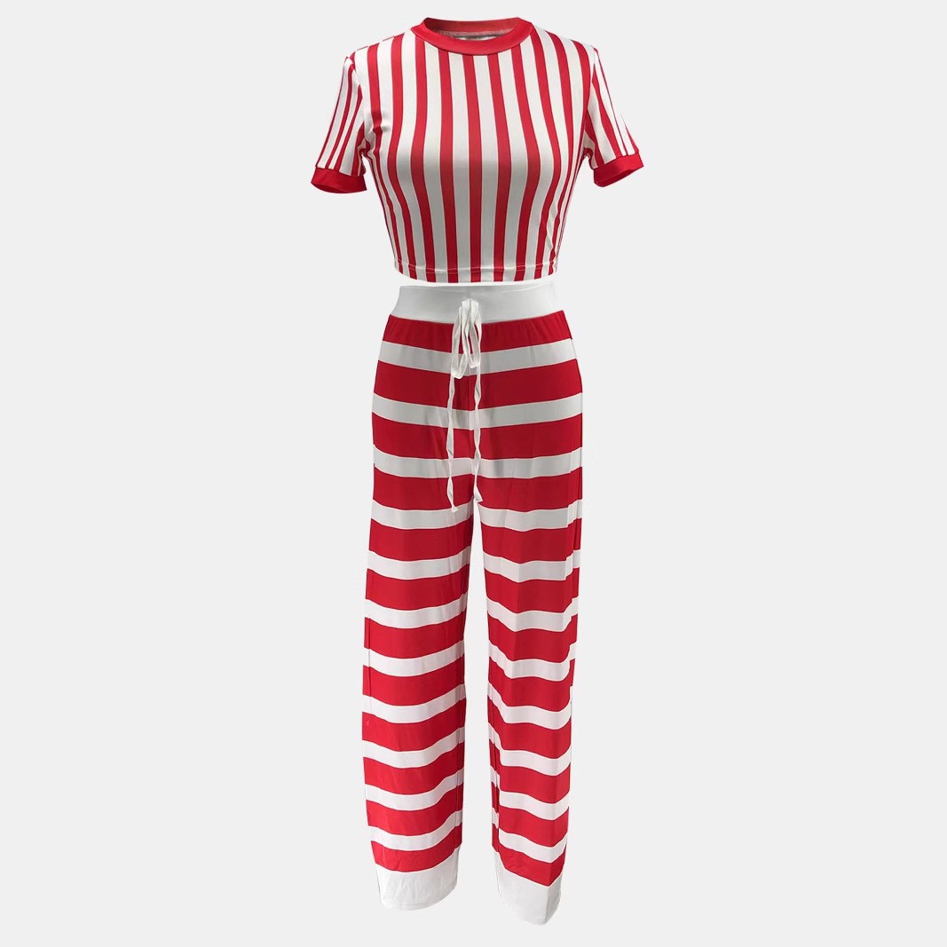 Stripe Round Neck Short Sleeve Top & Pants Set