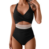High-Waist Patchwork Lace-Up V-Cross Sexy One Piece Swimsuit