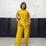 Career Casual Round Neck Lace-Up Sleeveless Vest & Wide-Leg Pants Set