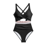 High-Waist Patchwork Lace-Up V-Cross Sexy One Piece Swimsuit