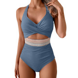 High-Waist Patchwork Lace-Up V-Cross Sexy One Piece Swimsuit