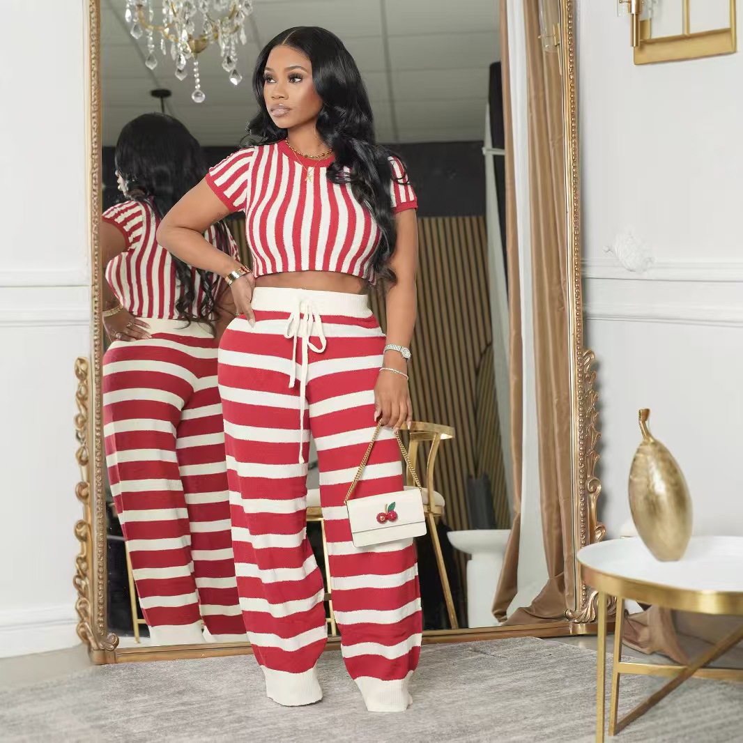 Stripe Round Neck Short Sleeve Top & Pants Set