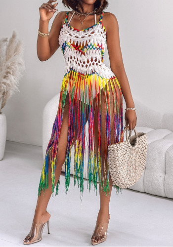 Multi-Color Strap hollow Fringe Beach Dress