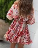 Women Red Abstract Geometric Pattern Puff Sleeve Lace-Up Bell Bottom Dress