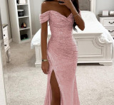 Women Sequin Off Shoulder Slit Dress