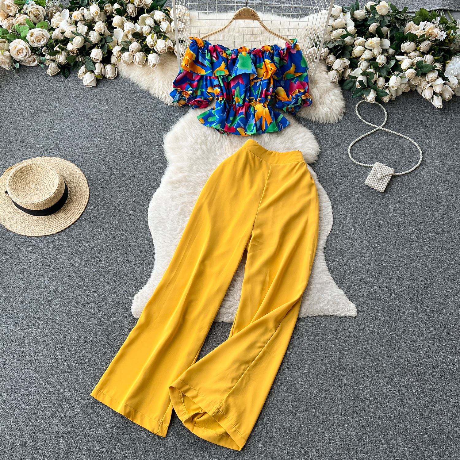 Women French Off Shoulder Ruffled Floral Blouse and Wide Leg Pants Two-Piece Set