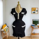 Women elegant v-neck fishtail knitting dress
