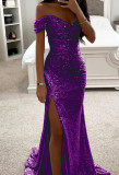 Women Sequin Off Shoulder Slit Dress