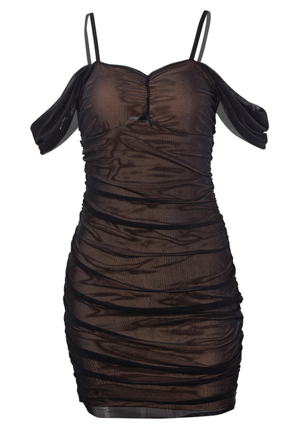 Mesh Off Shoulder Strap Slim Waist Bodycon Dress