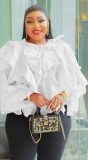 Women Round Neck Irregular Lotus Long Sleeve Casual Top Shirt