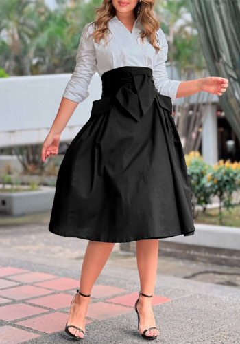 Fashion Contrast Color Slim Waist Large Pocket A-Line Dress
