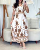 Retro Floral Print V-Neck Ruffle Sleeve Slim Waist Long Dress