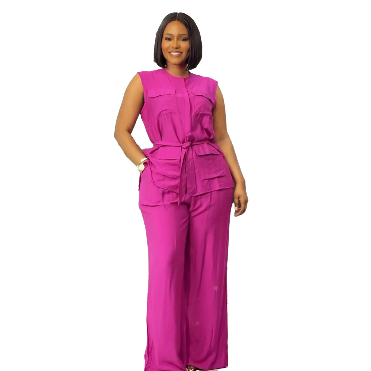 Career Casual Round Neck Lace-Up Sleeveless Vest & Wide-Leg Pants Set