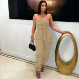 Casual Career Solid Color Multi-Pocket Strapless Cargo Jumpsuit