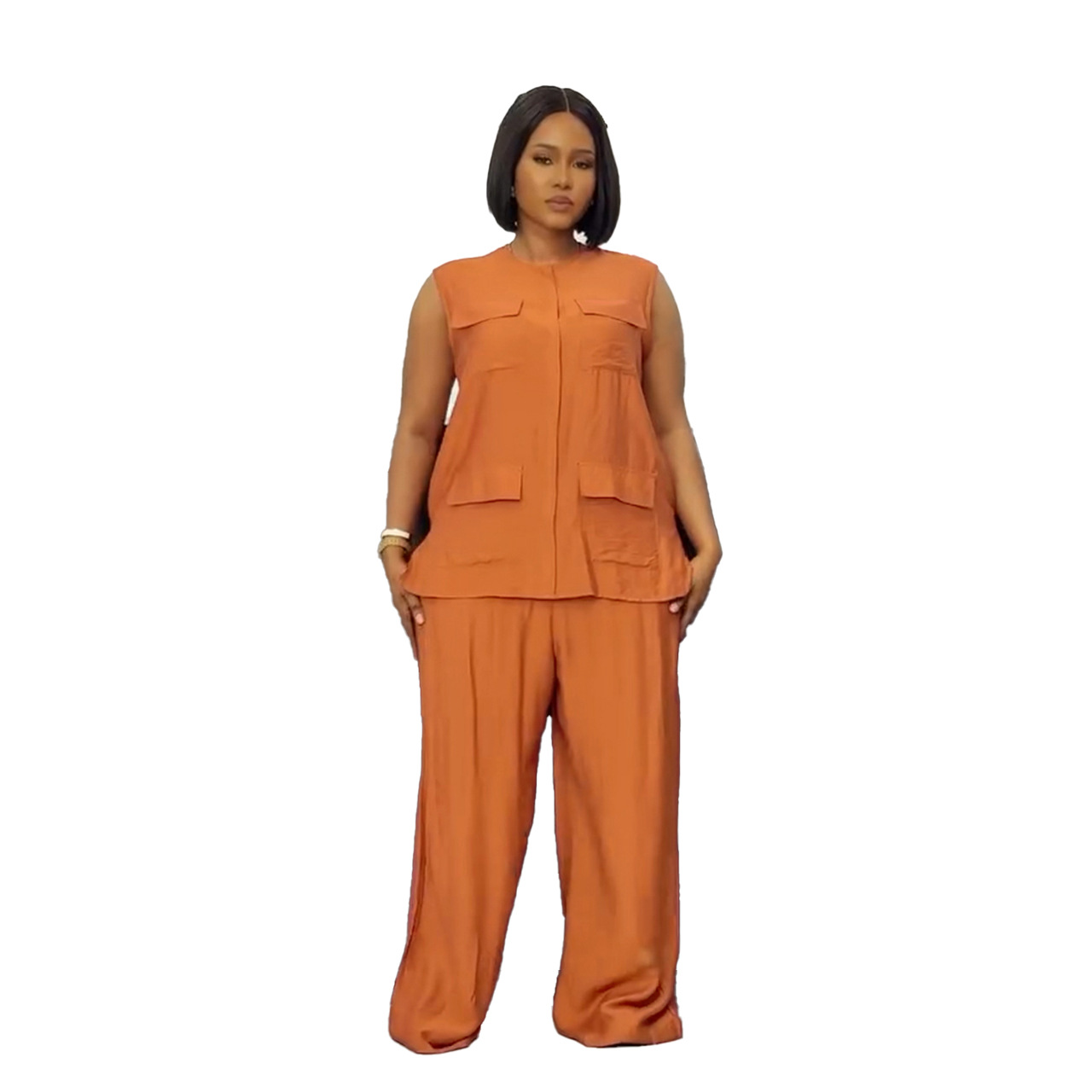 Career Casual Round Neck Lace-Up Sleeveless Vest & Wide-Leg Pants Set