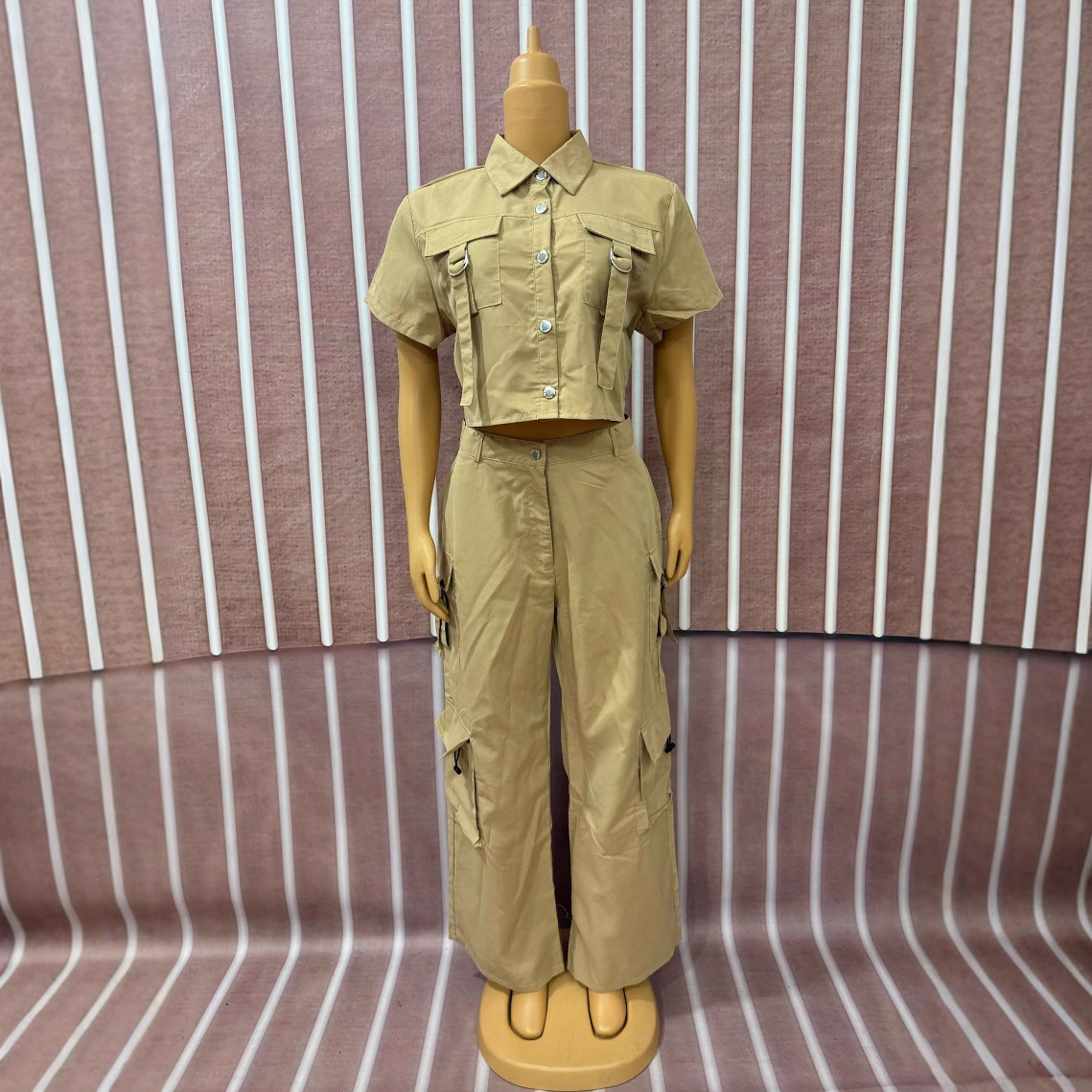 Women Ribbon Short Sleeve Top and Cargo Pants Two-Piece Set