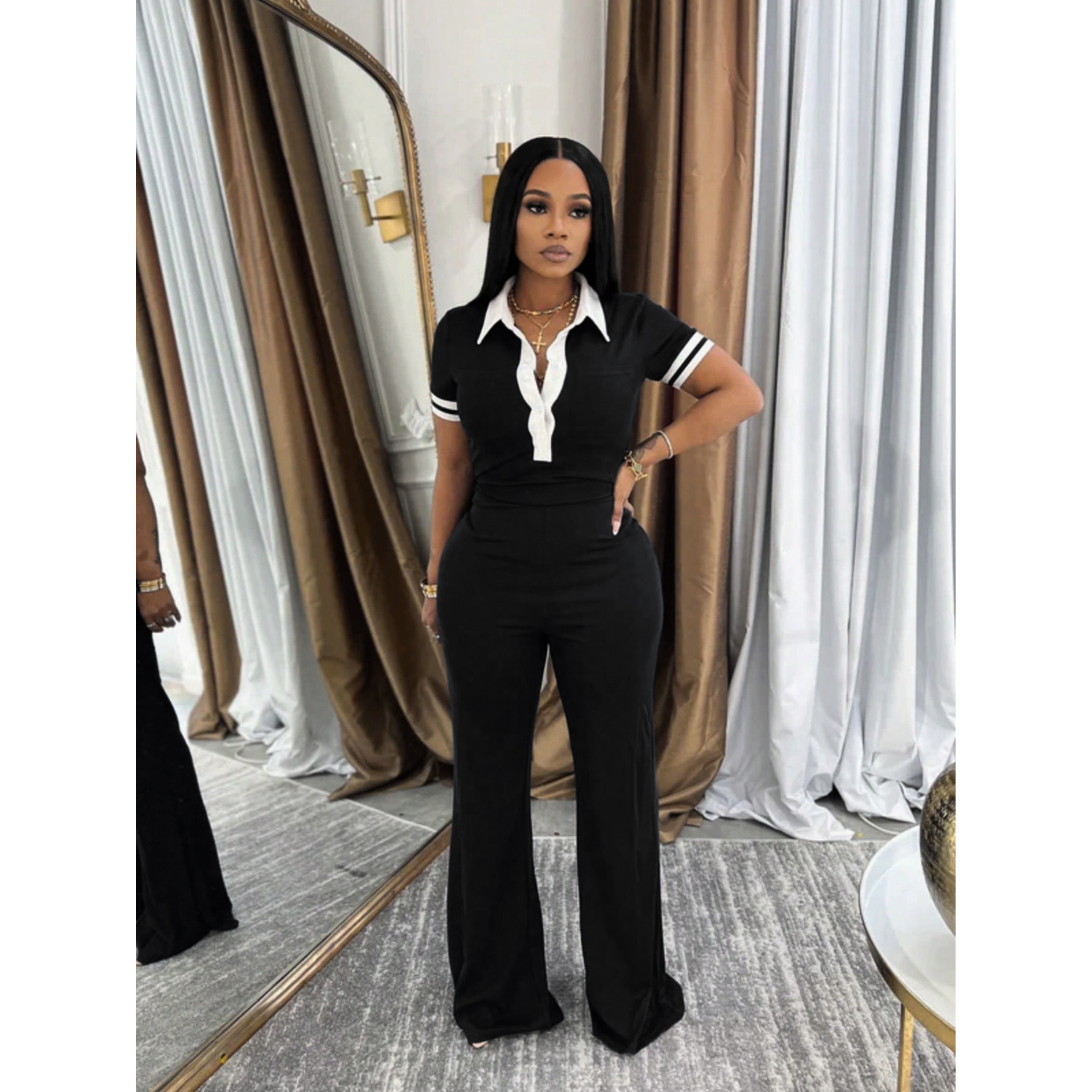 Women's Fashion Elegant V-Neck Short Sleeve Casual Two Piece Pants Set