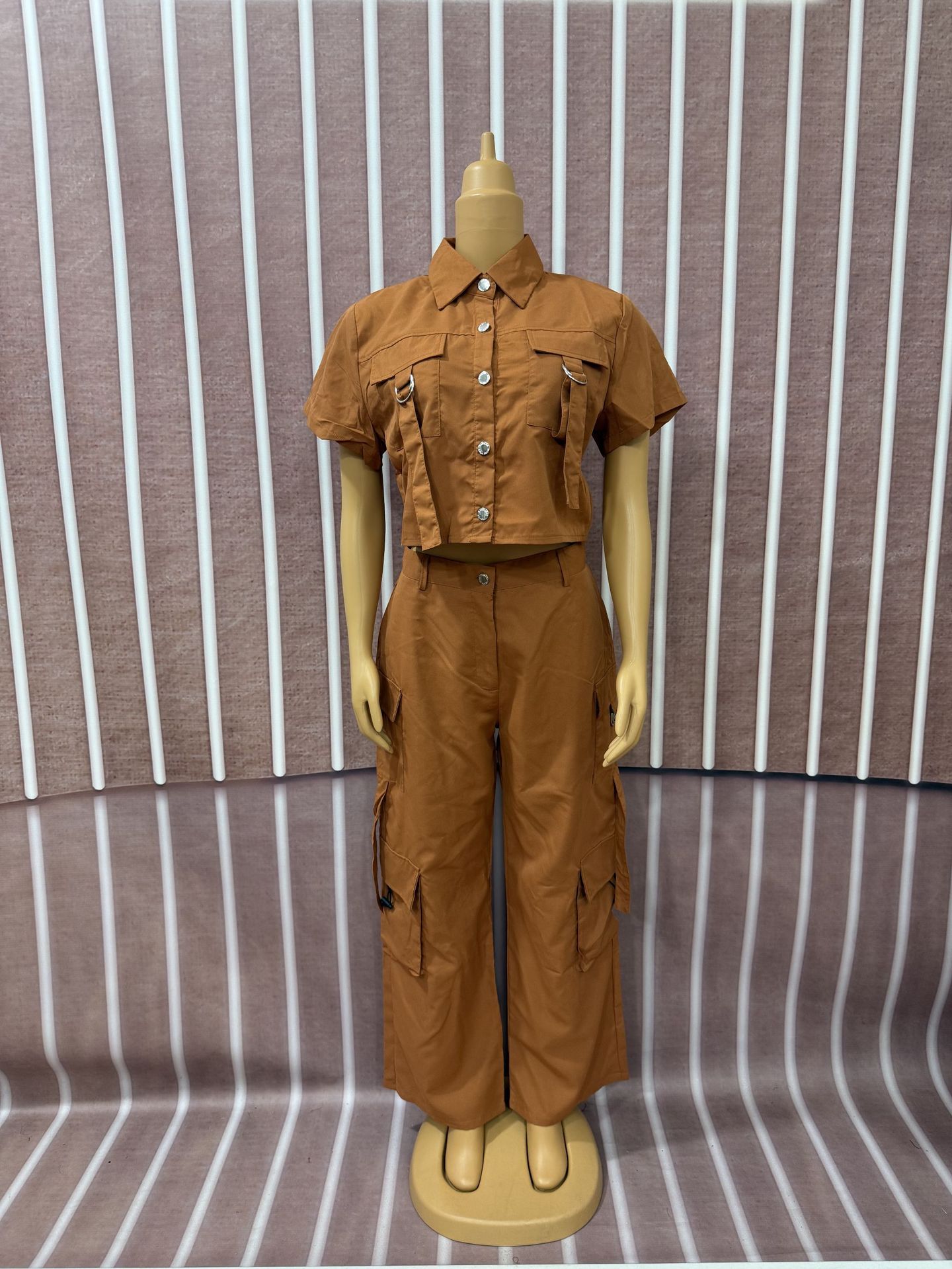 Women Ribbon Short Sleeve Top and Cargo Pants Two-Piece Set
