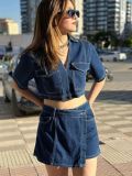 Summer V-Neck Top & High-Waist Denim Skort Set